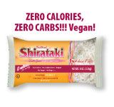 an ad for shiratki zero calories, zero carbs vegan