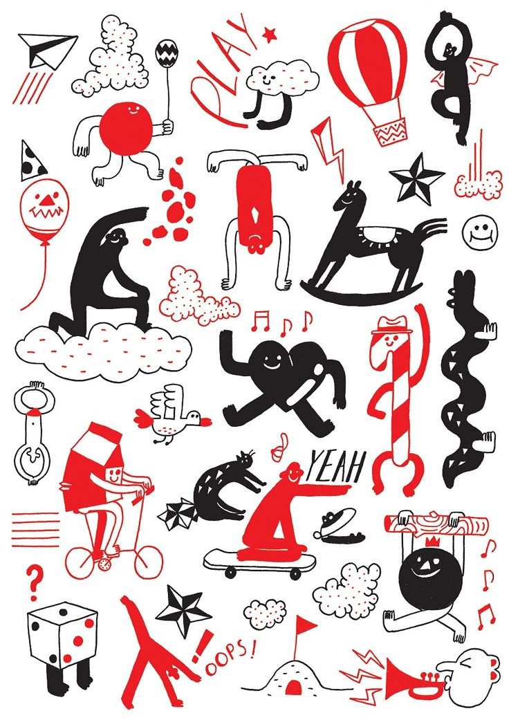 an image of various designs on a white background with red and black ink, including the letters