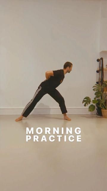 a man standing on one leg with the words morning practice in front of him