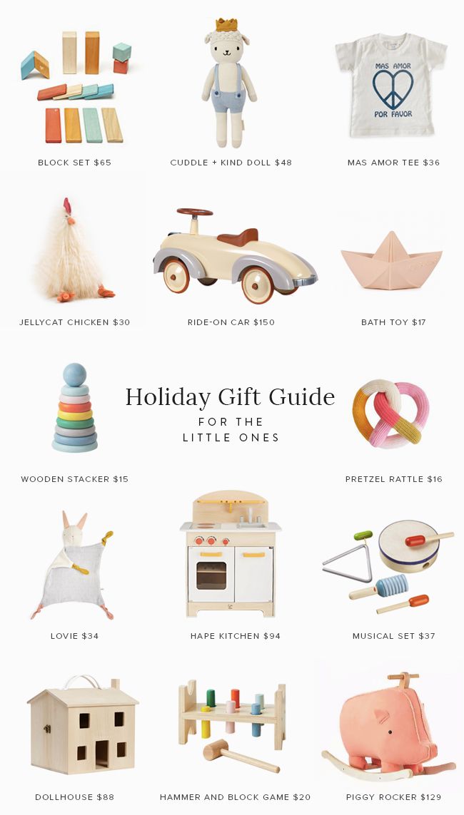 the holiday gift guide for the little ones is shown in this graphic style, including toys and