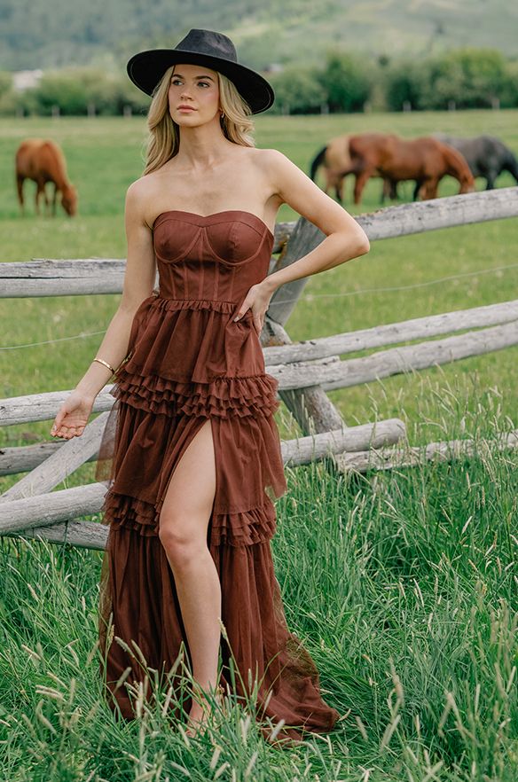 Wedding Guest Dress With Cowgirl Boots, Wedding Guest Dress Cowboy Boots, Layered Corset Outfit, Western Prom Dresses Country, Dress With Cowgirl Boots, Sleeve Accessories, Burnt Orange Bridesmaid Dresses, Wedding Parties Colors, Dresses Western