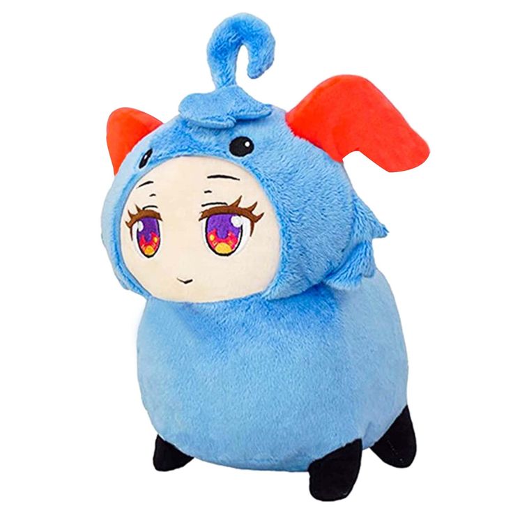 a blue stuffed animal with red ears and eyes on it's back legs, sitting in front of an advertisement