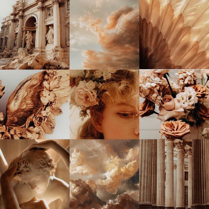 a collage of images with flowers, clouds and architecture in the middle one photo has an angel on it's head