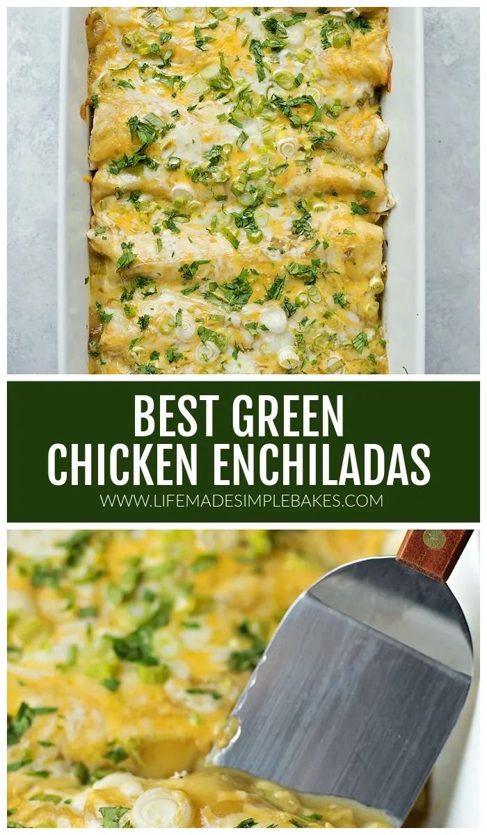 the best green chicken enchiladas recipe is in a casserole dish