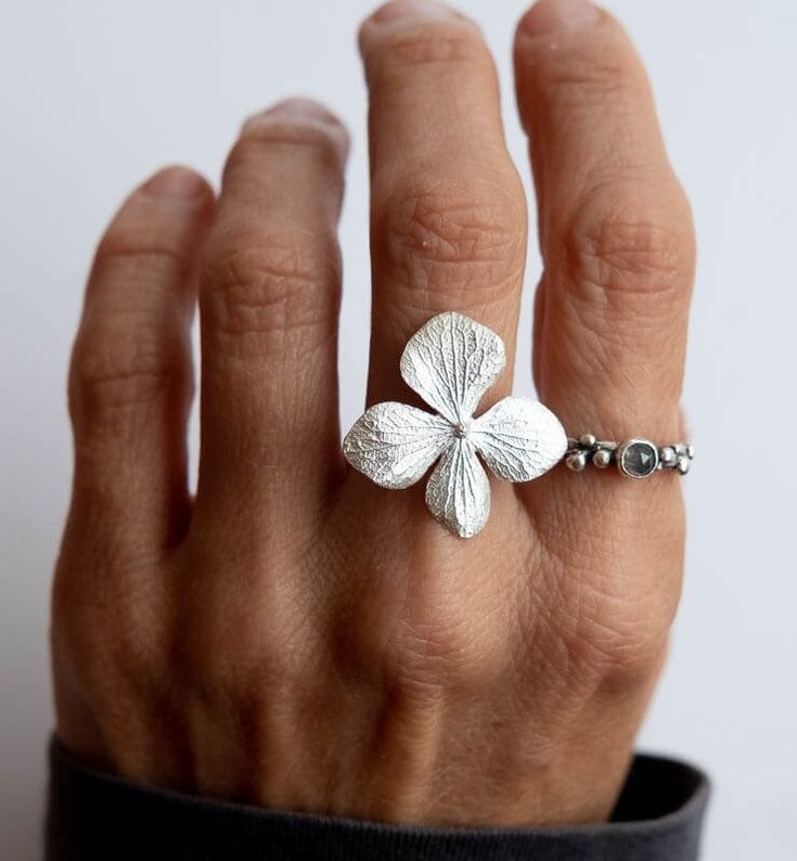 Sterling Silver Hydrangea Ring - Adjustable Botanical Flower Ring Flower Silver Jewelry, Clay Nature, Emotionally Attached, Silver Flower Ring, Wax Flowers, Silver Clay, Ring Inspo, Cool Accessories, Botanical Jewelry