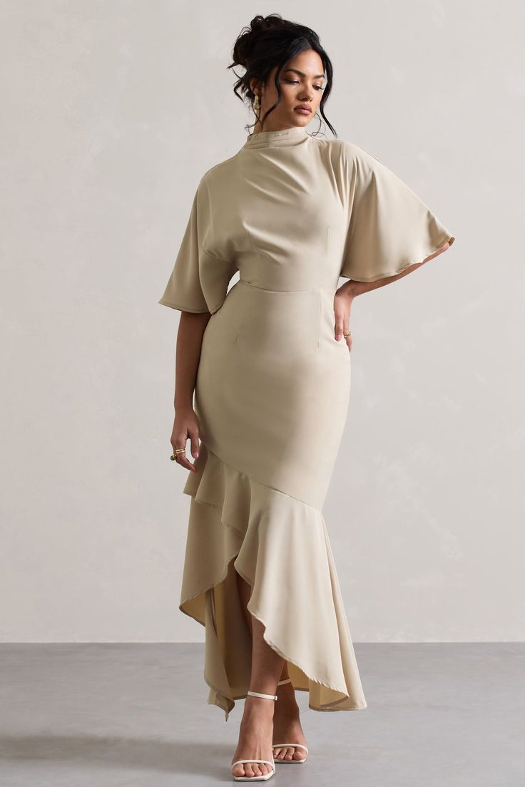 Lavinia | Champagne High-Neck Flutter-Sleeve Asymmetric Maxi Dress Long Sleeve Flowy Evening Dress, Jackie O Dresses Classy, Long Sleeve Taupe Dress, High Necked Dress, High Neck Fall Dress, Semi Formal Modest Dresses, Beige Outfit Wedding Guest, Vintage Dress For Wedding Guest, Brown Dresses Wedding Guest