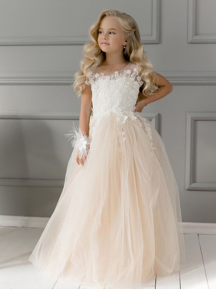 Back Details: Zipper   Material: Tulle,Lace   Sleeve Length: Sleeveless   Hemline: Floor-length   Embellishment: Appliques,Pearls Kids Flower Girl Dresses, Champagne Flower Girl, Flower Girl Dresses Champagne, Long Sleeve Ball Gowns, White Bridesmaid, Dresses Tulle, Ivory Flower Girl, Ivory Flower Girl Dresses, White Bridesmaid Dresses