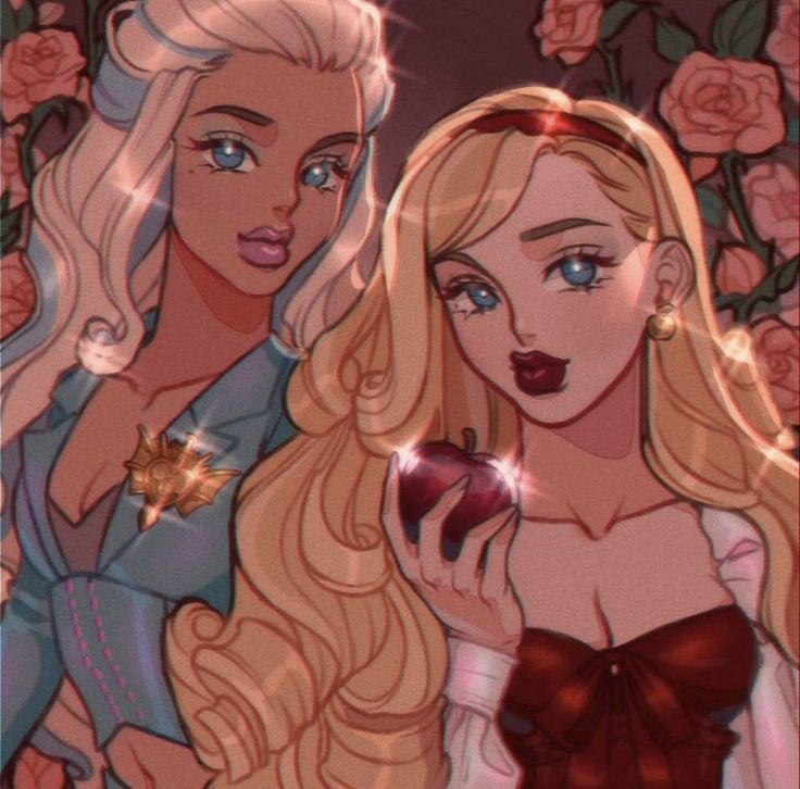 two beautiful women standing next to each other in front of pink roses and holding an apple