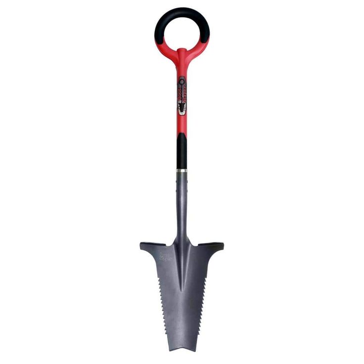 a red and black shovel with a long handle on the tip is shown in front of a white background