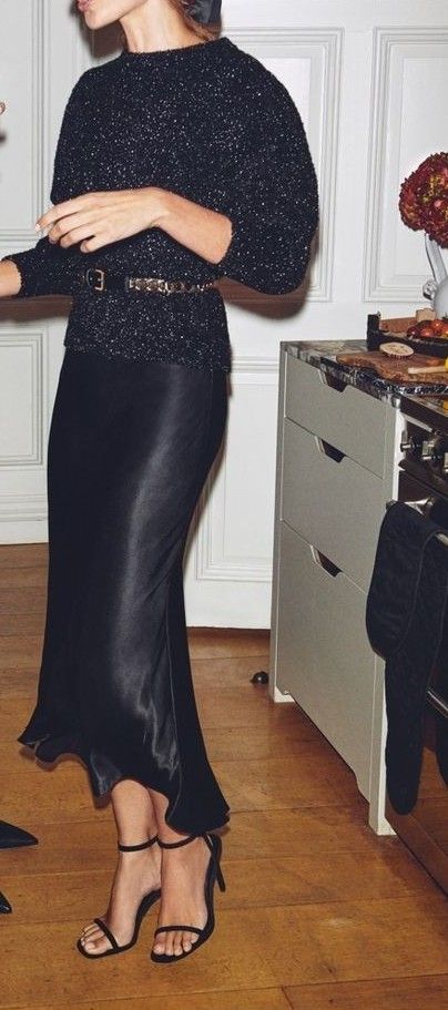 Work Xmas Dinner Outfit, Nye Dinner Party Outfit, Satin Maxi Skirt Outfit Formal, Christmas Party Inspo Outfit, Weekends With Adele Outfit, Nye Outfits Classy, Black Satin Skirt Christmas Outfit, Black Sequin Midi Skirt, Classic Evening Outfit