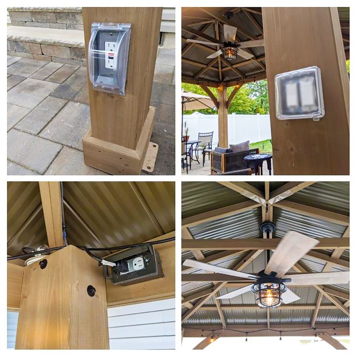 four different views of the inside of a gazebo with ceiling fans and lights on it