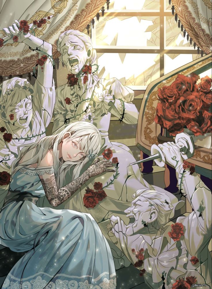 an anime character laying in bed with flowers