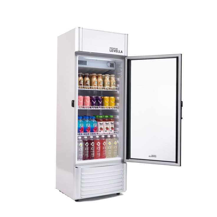 an open refrigerator with drinks and beverages inside on a white background in front of a mirror