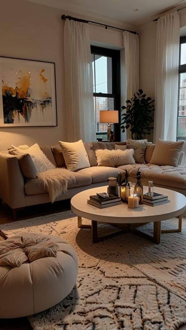 a living room filled with lots of furniture next to large windows and a rug on the floor