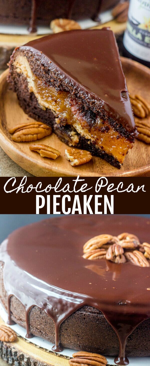 chocolate pecan pie on a wooden platter with the words chocolate pecan written above it