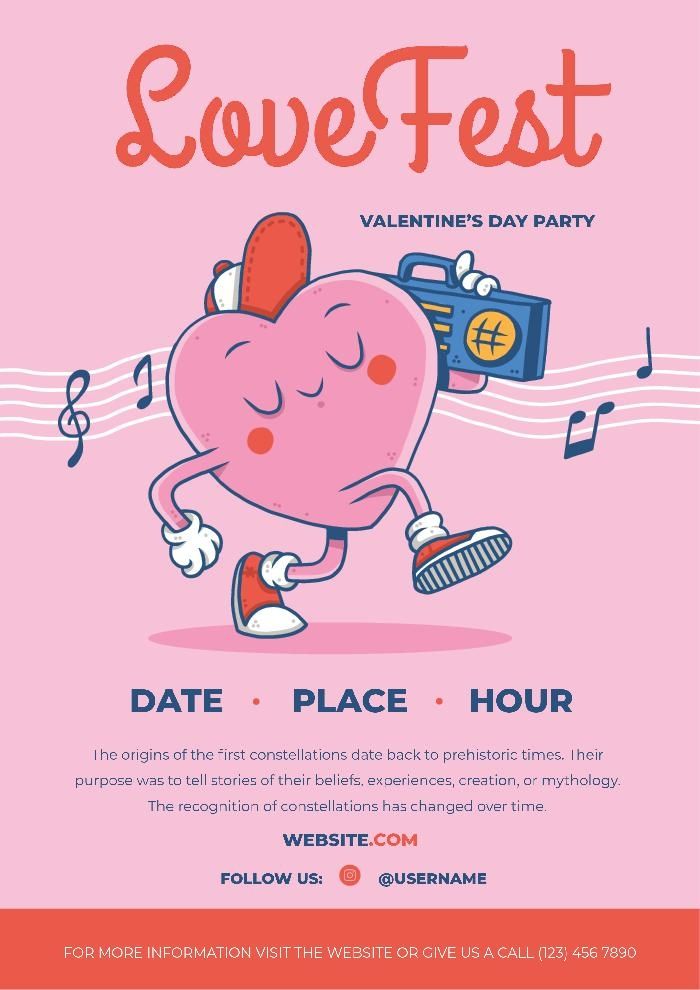 a valentine's day party flyer with a heart running and music notes on it