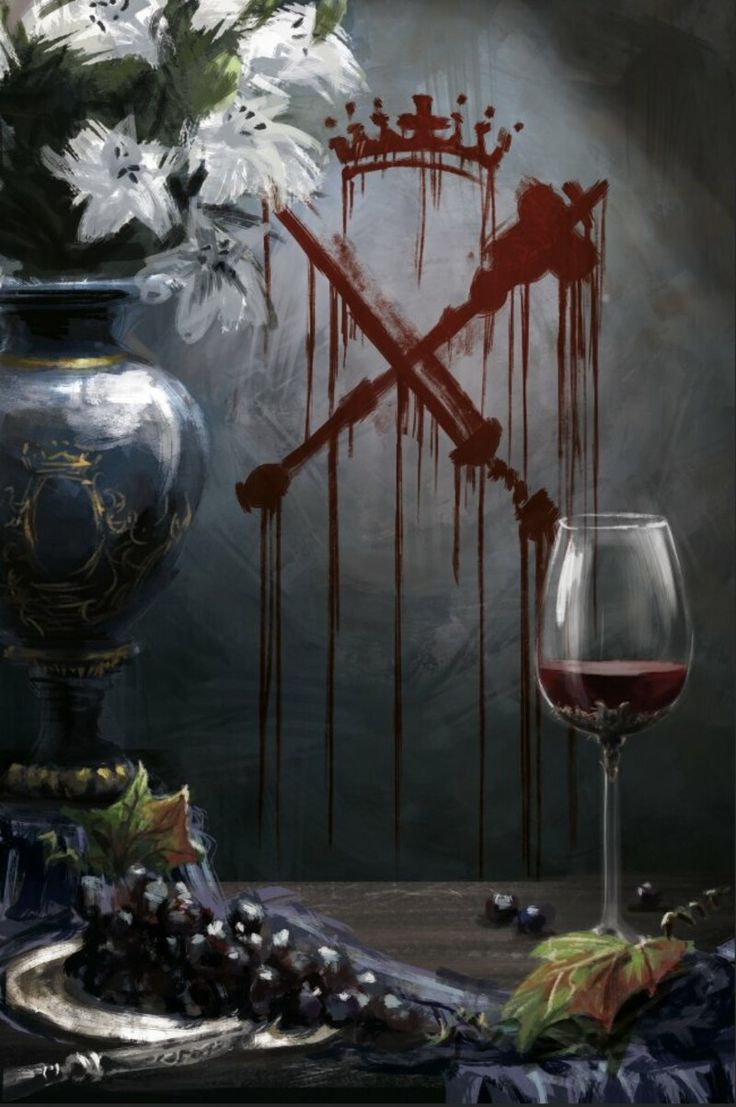 a painting of a vase with flowers in it next to a glass of red wine