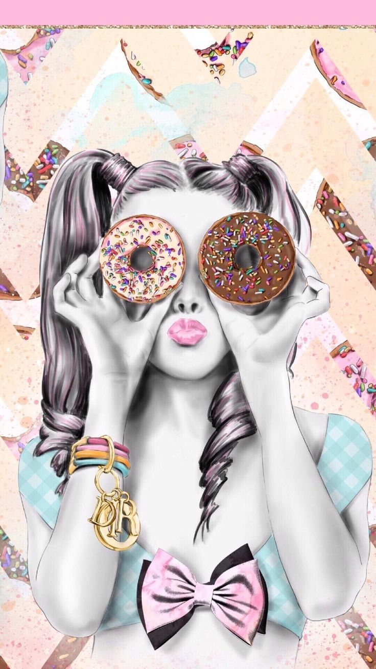 a painting of a woman holding two donuts in front of her eyes and covering her eyes with both hands