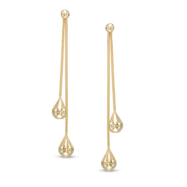 She'll adore the way these fashion drop earrings catch and reflect light with every turn. Crafted in rich 14K gold, each earring features a double strand that originates from a ball post setting and ends with a duo of shining teardrop-shaped dangles. Polished to a bright shine, these earrings secure comfortably with friction backs. Elegant Yellow Gold Drop Earrings, Gold Drop Linear Earrings For Evening, Gold Linear Drop Earrings For Evening, Wire Bending, Gift Suggestions, Leather Pocket, Pocket Wallet, Mens Black Leather, Accessories Jewelry Earrings