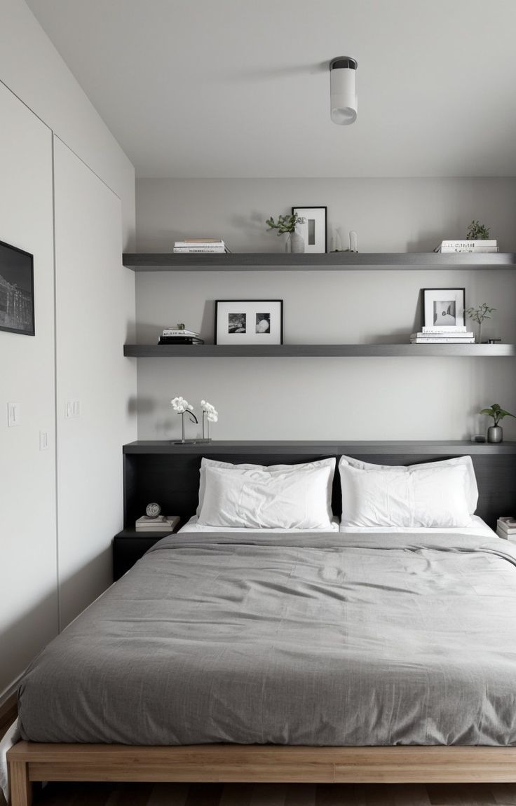 a bed sitting in a bedroom next to two shelves filled with pictures and flowers on top of it