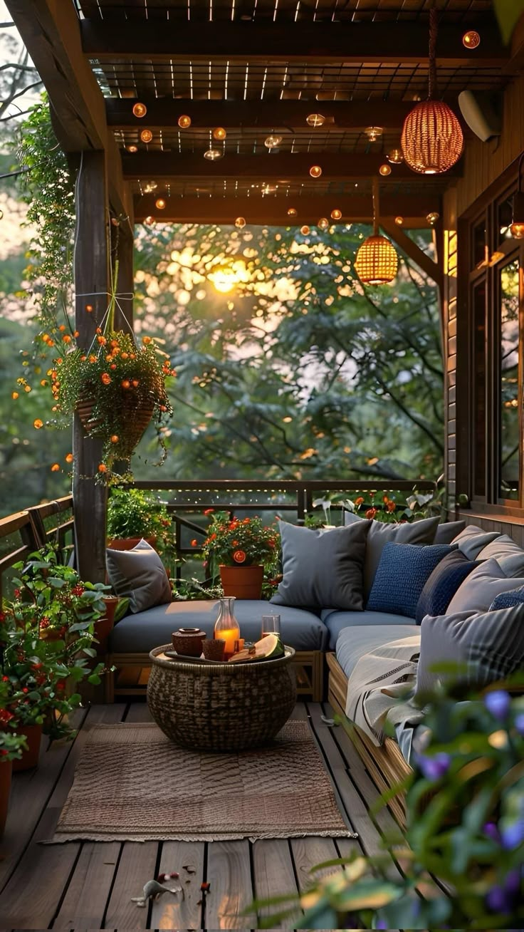 an outdoor living area with couches, tables and potted plants on the deck