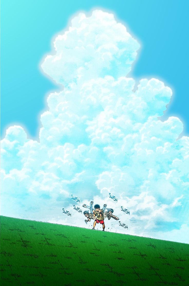 an anime scene with two people standing in the grass under a cloud filled blue sky