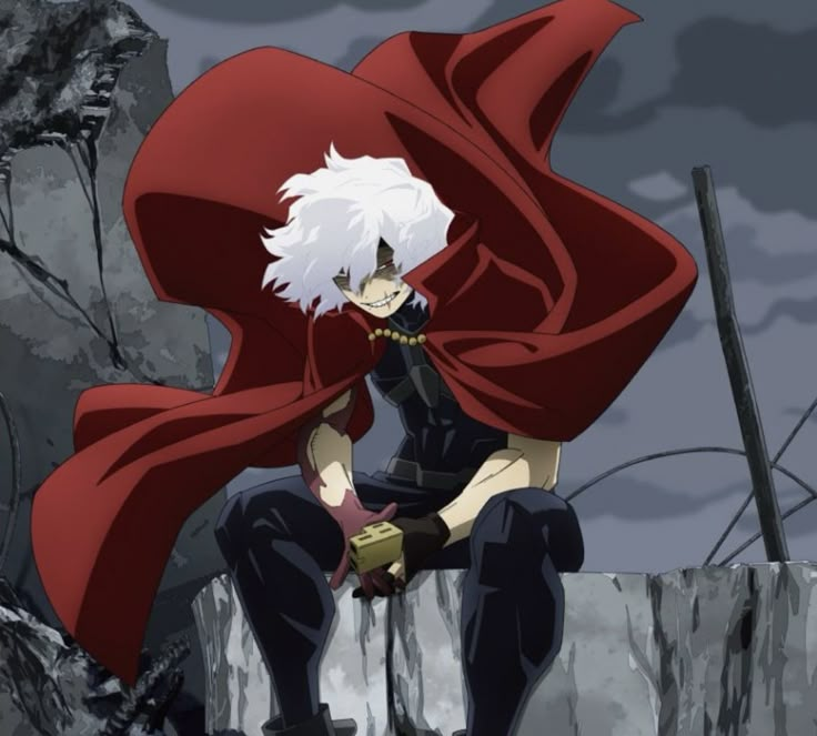 an anime character with white hair sitting on a rock