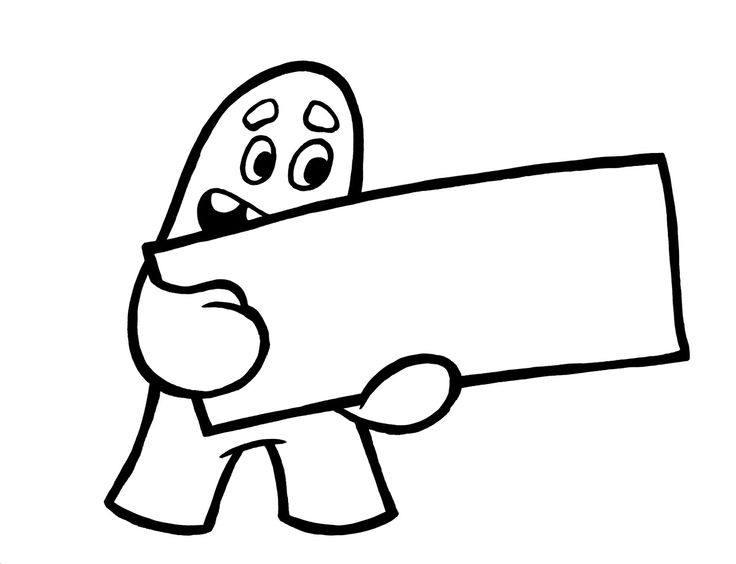 a black and white drawing of a cartoon character holding a sign with his mouth open