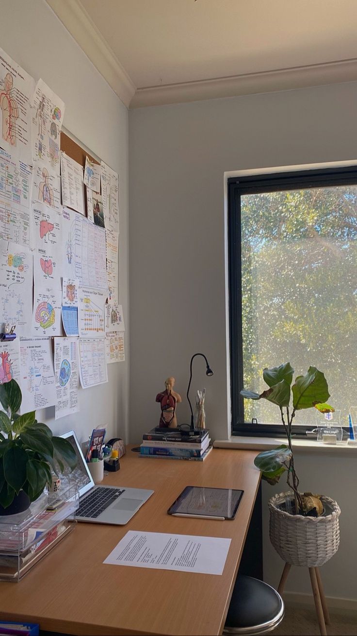 a wooden desk topped with a laptop computer next to a window covered in papers and plants