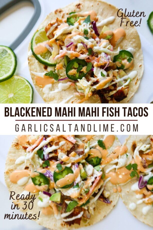 blacked mahi mahi fish tacos with guacamole and limes