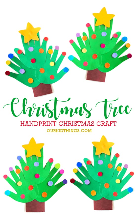 christmas tree handprinted craft for kids to make with paper and colored glues