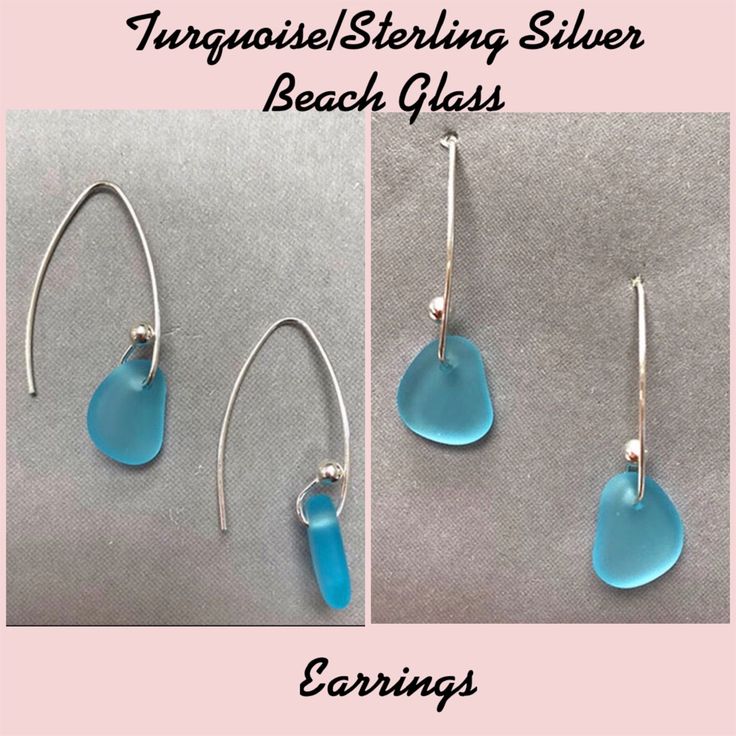 three different images of earrings with blue sea glass in the shape of tears on them