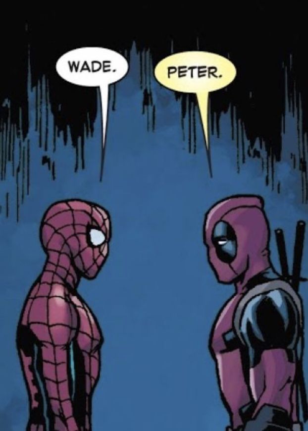 a comic strip with two deadpools facing each other and one saying wade, peter