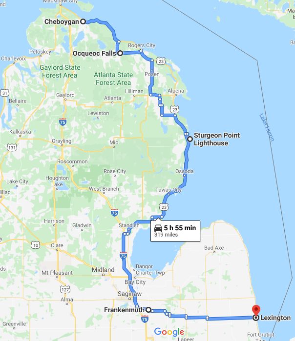 a map showing the route from lake michigan to orange lake, minnesota and other areas