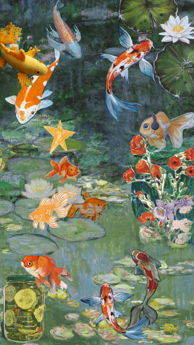 a painting of koi fish in a pond with lily pads