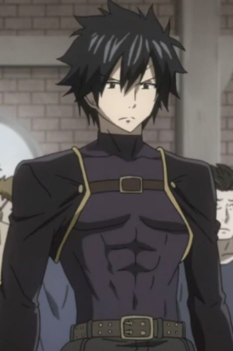 an anime character with black hair and no shirt standing in front of other characters wearing dark clothes