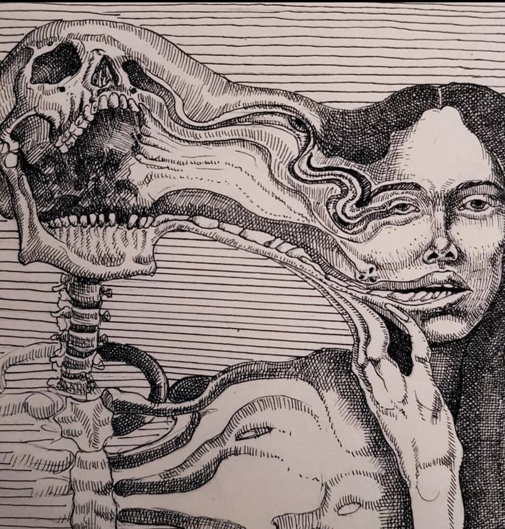 a black and white drawing of a woman holding a skull