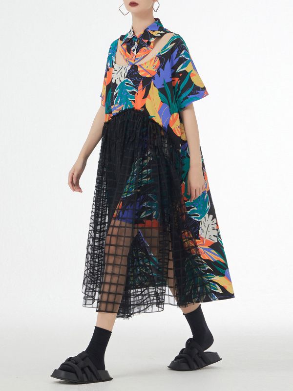 A-Line Loose Buttoned Hollow Mesh Printed Split-Joint Lapel Midi Dresses COLORFUL-One_size Maximalist Outfit, Leisure Fashion, Midi Dress Summer, Fashion Seasons, Mesh Dress, Black Pattern, Midi Dresses, Cotton Style, Maxi Dresses