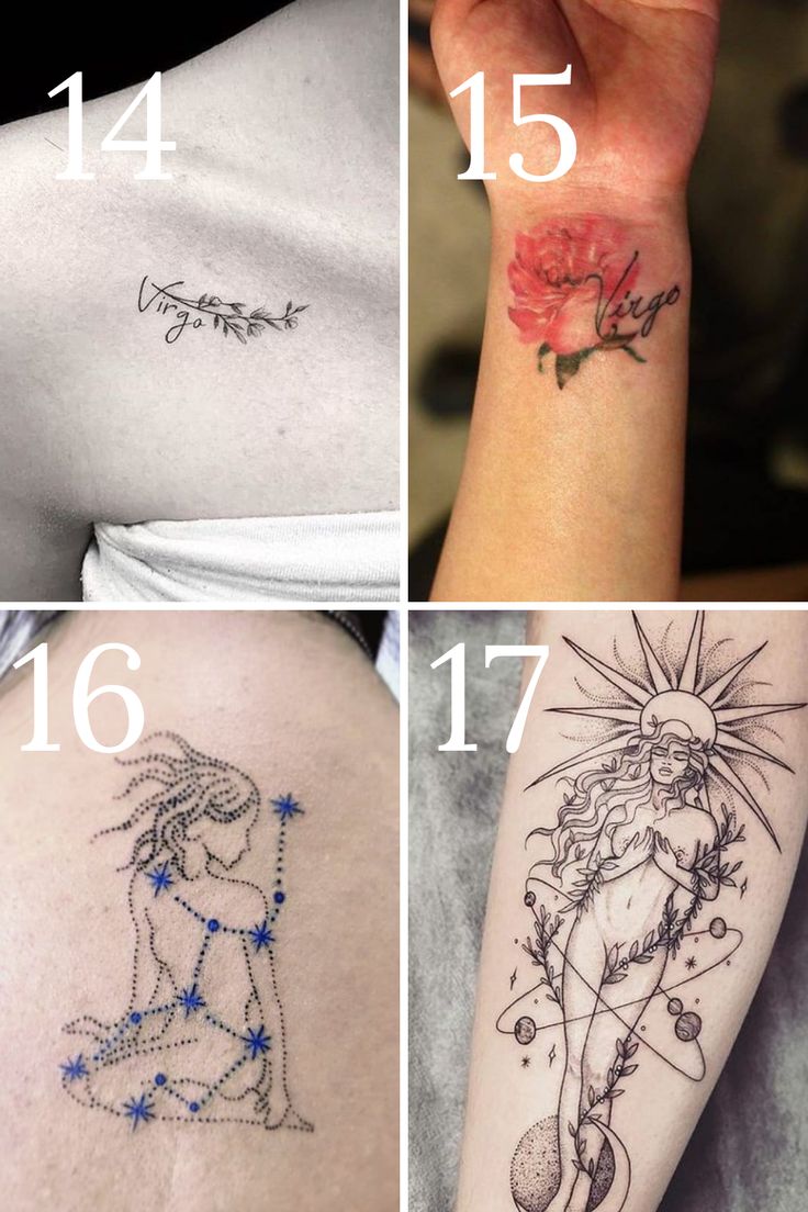 four different tattoos on the arm and shoulder, each with an image of a woman's body