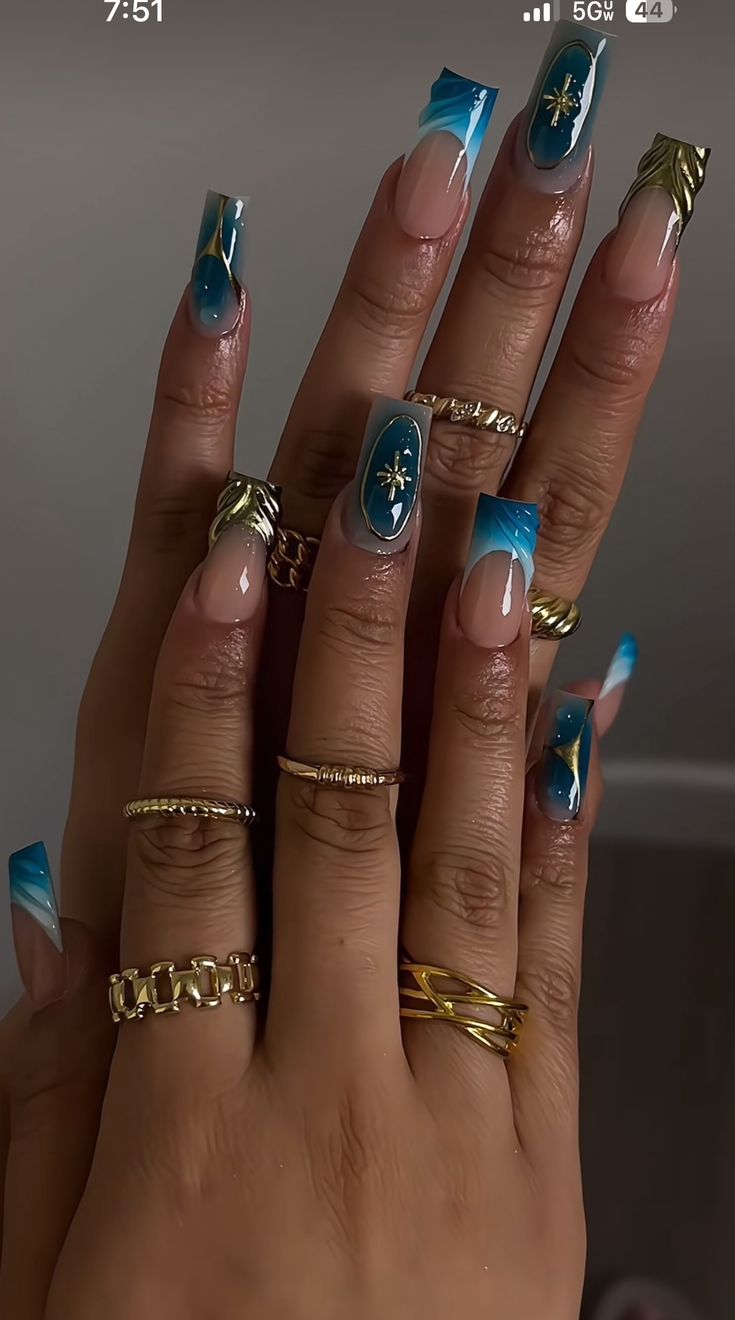 Blue Gold Nails, Teal Nails, Girly Acrylic, Blue Acrylic Nails, Simple Acrylic Nails, Girly Acrylic Nails, Acrylic Nails Coffin Pink, Her Nails, Unique Acrylic Nails