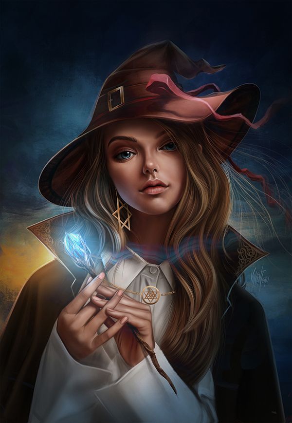 a woman in a witch costume holding a wand and wearing a hat with her hands