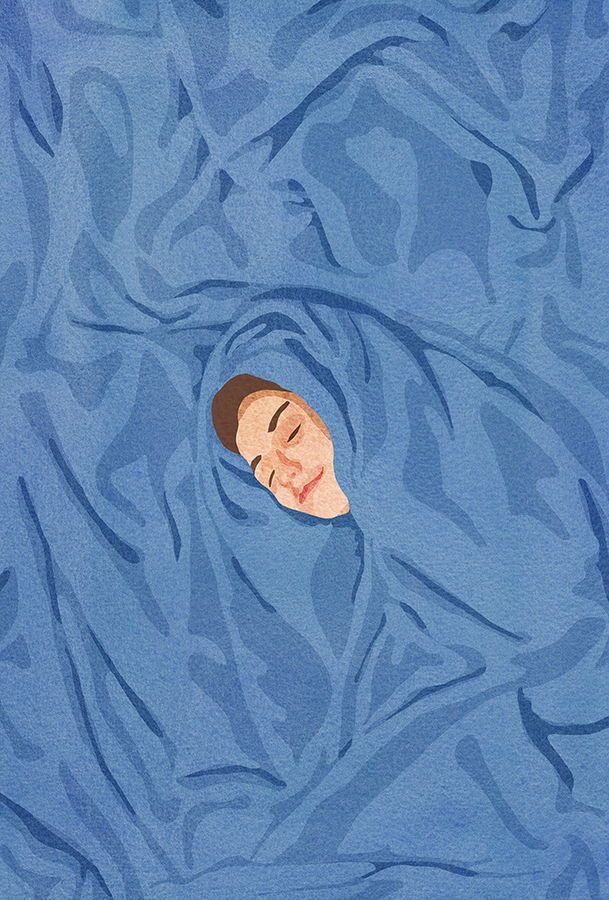 a painting of a person wrapped up in a blanket with their head under the covers