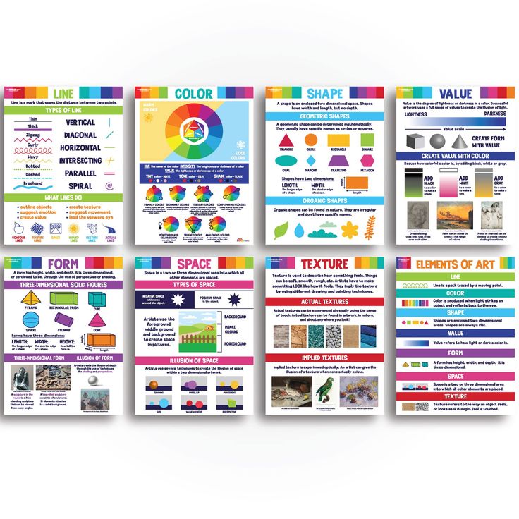 six posters with different colors, shapes and sizes for art classes or schoolchilds