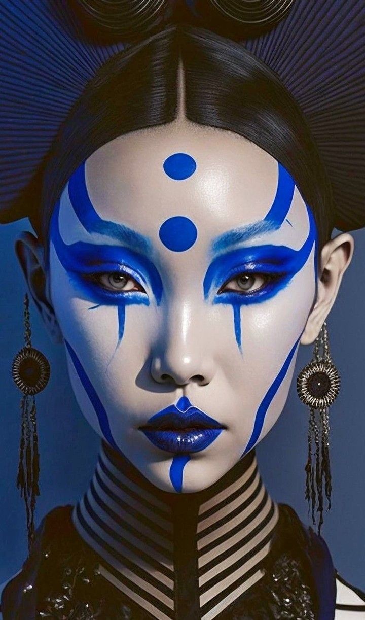 a woman with blue and white face paint on her face, wearing black hair and earrings