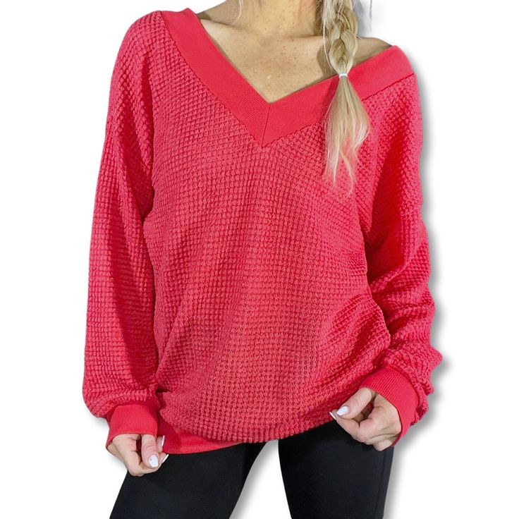 Nwt Red V-Neck & Back Waffle-Knit Bell Sleeve Sweater In Size Medium. V-neck Pointelle Knit Tops For Loungewear, Red Knit V-neck Top, Fall V-neck Pointelle Knit Top, Fall Pointelle Knit V-neck Top, Red Knitted V-neck Top, Cozy Pointelle Knit Tops For Loungewear, Red Sweater For Spring Loungewear, Red V-neck Sweater For Spring, Cozy Red V-neck Top