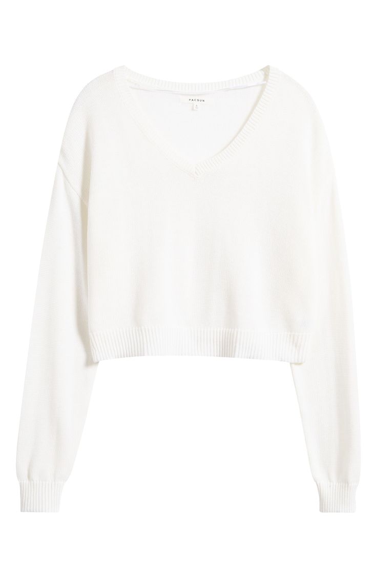 Give your off-duty fits a cozy boost in this cropped, boxy sweater made with a touch of wool for enhanced warmth. 19" length (size Medium) V-neck Long sleeves Dropped shoulders Ribbed cuffs and hem 50% nylon, 25% polyester, 15% acrylic, 10% wool Machine wash, dry flat Imported White Sweater V Neck, Cute White Sweater, Cute Preppy Clothes, Chunky White Sweater, Sweaters Crochet, Clothing Preppy, Fancy Sweater, Preppy Sweatshirts, 2024 Wishlist