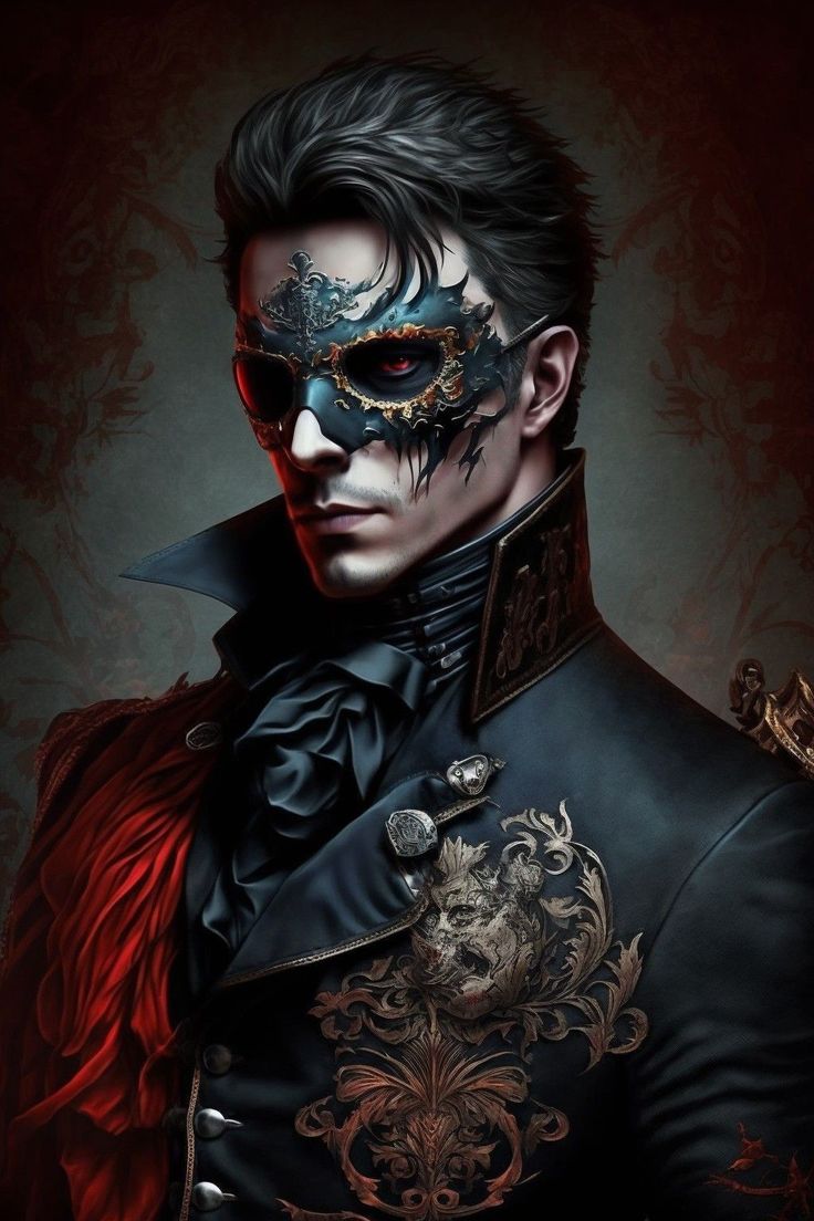 a man in black and red is wearing a costume with an elaborate mask on his face