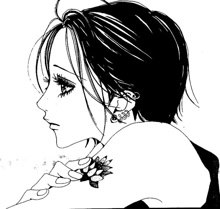 a black and white drawing of a woman with short hair holding a flower in her hand