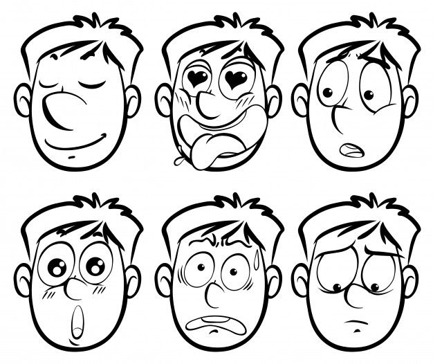 six cartoon faces with different expressions and facial expressions, including one man's face