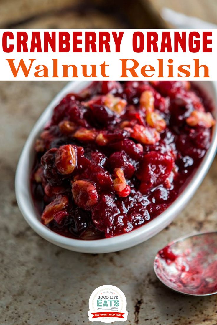 cranberry orange walnut relish in a white bowl